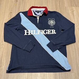 Tommy Hilfiger Mens Rugby Shirt Navy Blue White Light Blue Stripe Logo Size S